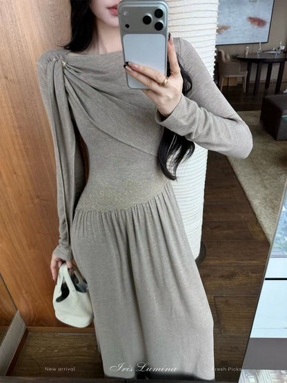 Iris Lumina "Jixiang" Women's Long-Sleeve Knitted Dress – Autumn Tencel Maxi Dress with Waist-Defining Fit