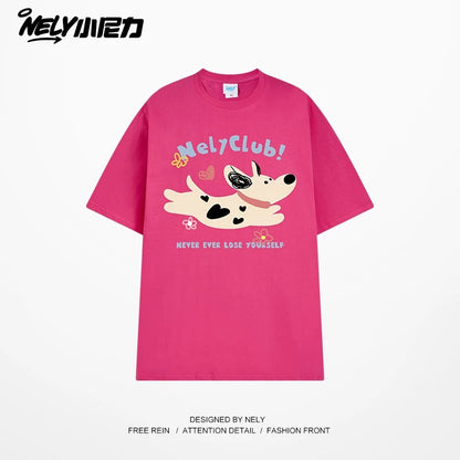 NELY Little Nelly 2025 summer new spotted dog print short-sleeved T-shirt for men and women heavyweight T-shirt loose half-sleeve
