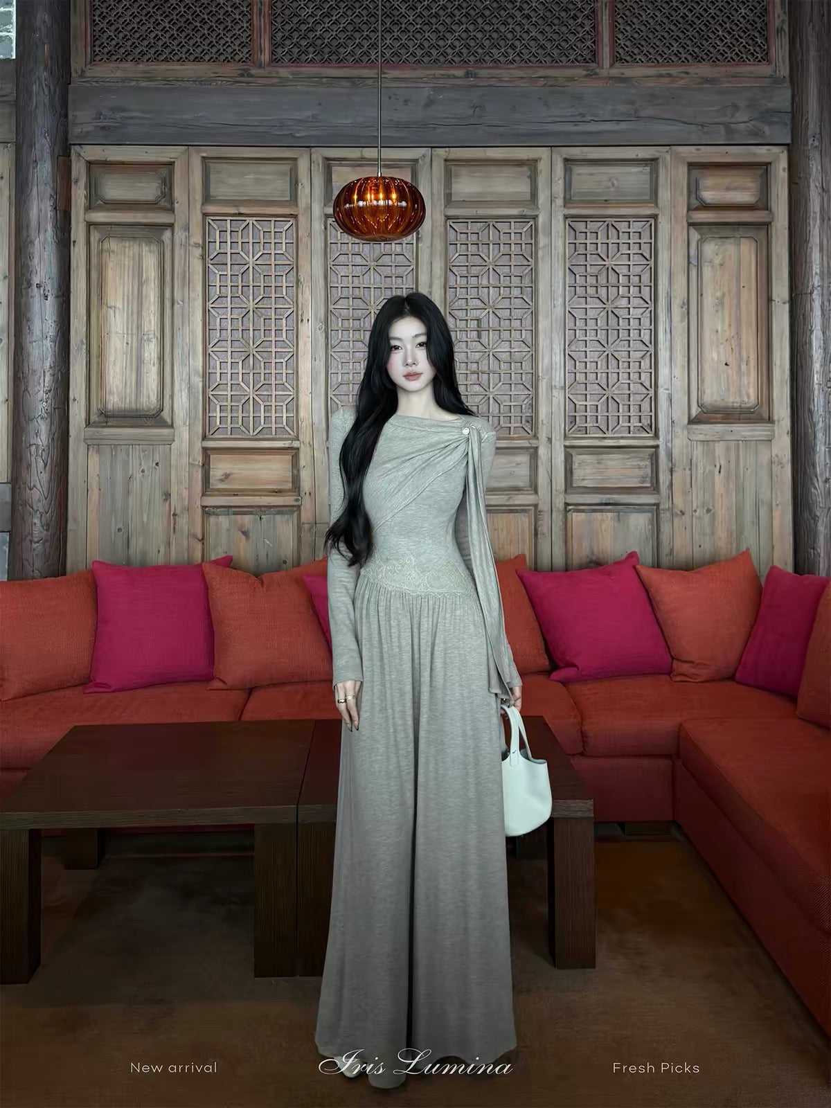 Iris Lumina "Jixiang" Women's Long-Sleeve Knitted Dress – Autumn Tencel Maxi Dress with Waist-Defining Fit