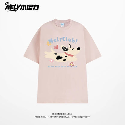 NELY Little Nelly 2025 summer new spotted dog print short-sleeved T-shirt for men and women heavyweight T-shirt loose half-sleeve