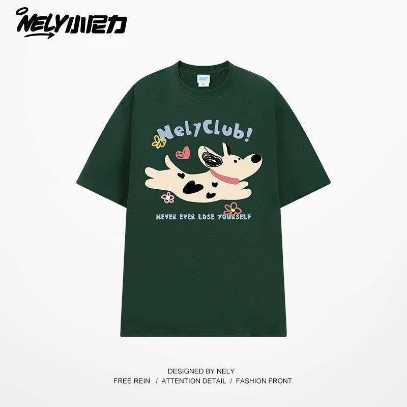 NELY Little Nelly 2025 summer new spotted dog print short-sleeved T-shirt for men and women heavyweight T-shirt loose half-sleeve