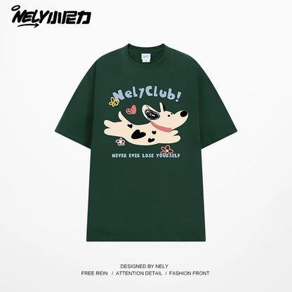 NELY Little Nelly 2025 summer new spotted dog print short-sleeved T-shirt for men and women heavyweight T-shirt loose half-sleeve