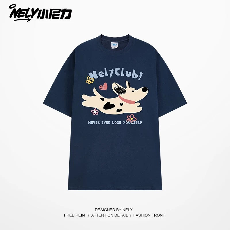 NELY Little Nelly 2025 summer new spotted dog print short-sleeved T-shirt for men and women heavyweight T-shirt loose half-sleeve