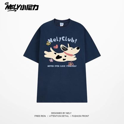 NELY Little Nelly 2025 summer new spotted dog print short-sleeved T-shirt for men and women heavyweight T-shirt loose half-sleeve