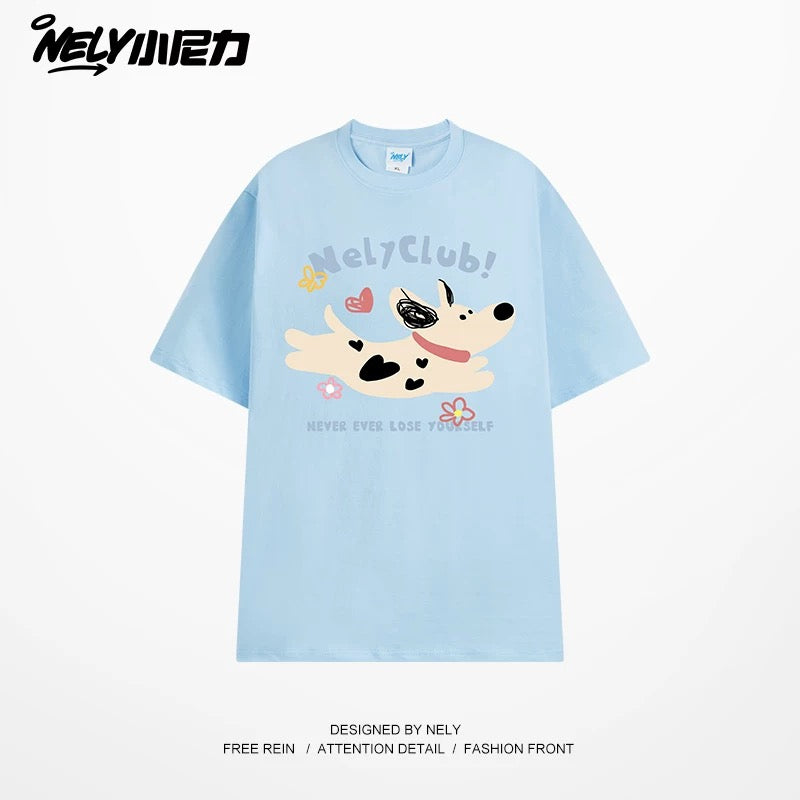 NELY Little Nelly 2025 summer new spotted dog print short-sleeved T-shirt for men and women heavyweight T-shirt loose half-sleeve