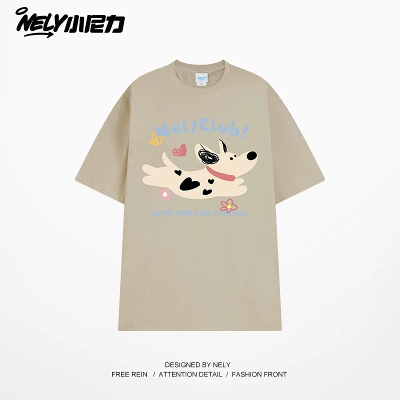 NELY Little Nelly 2025 summer new spotted dog print short-sleeved T-shirt for men and women heavyweight T-shirt loose half-sleeve