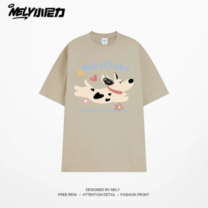 NELY Little Nelly 2025 summer new spotted dog print short-sleeved T-shirt for men and women heavyweight T-shirt loose half-sleeve