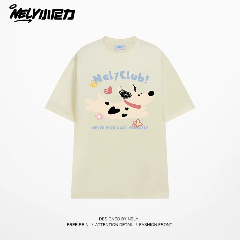 NELY Little Nelly 2025 summer new spotted dog print short-sleeved T-shirt for men and women heavyweight T-shirt loose half-sleeve