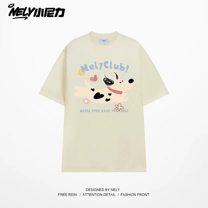 NELY Little Nelly 2025 summer new spotted dog print short-sleeved T-shirt for men and women heavyweight T-shirt loose half-sleeve