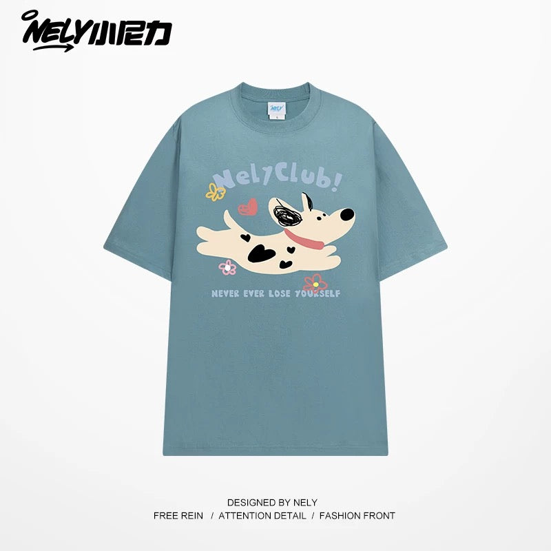NELY Little Nelly 2025 summer new spotted dog print short-sleeved T-shirt for men and women heavyweight T-shirt loose half-sleeve
