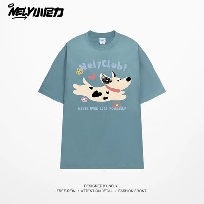 NELY Little Nelly 2025 summer new spotted dog print short-sleeved T-shirt for men and women heavyweight T-shirt loose half-sleeve