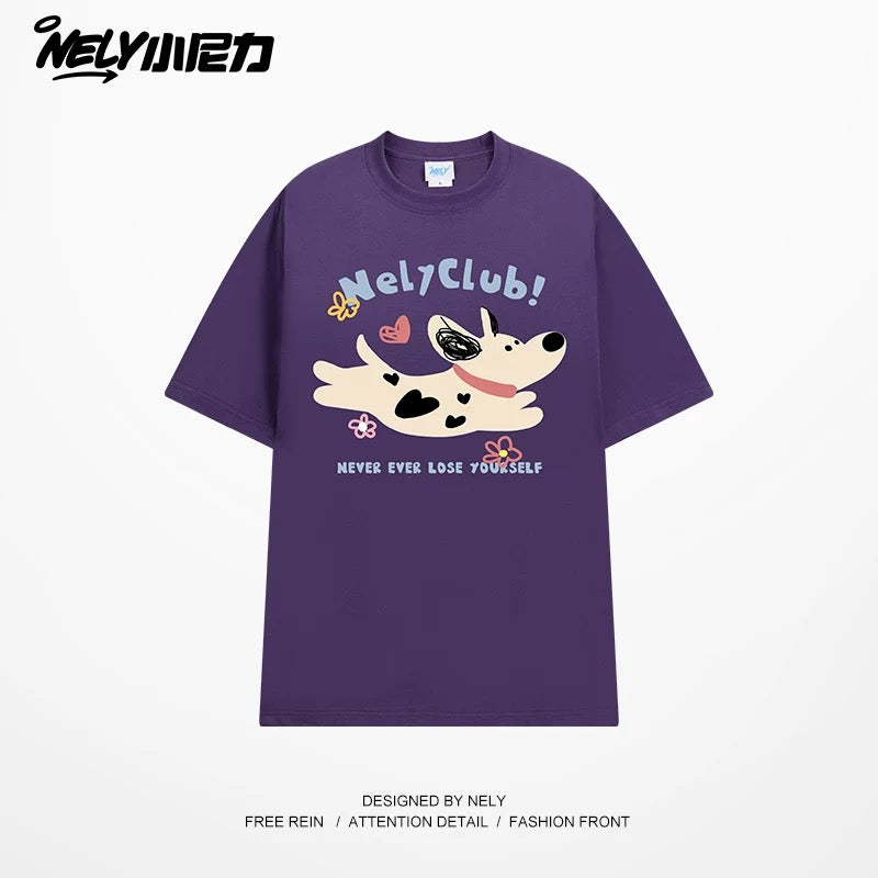 NELY Little Nelly 2025 summer new spotted dog print short-sleeved T-shirt for men and women heavyweight T-shirt loose half-sleeve