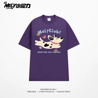 NELY Little Nelly 2025 summer new spotted dog print short-sleeved T-shirt for men and women heavyweight T-shirt loose half-sleeve