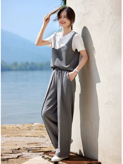 XWI/Xinwei fashion casual style suit for women summer new suspender design short-sleeved T-shirt straight pants two-piece set