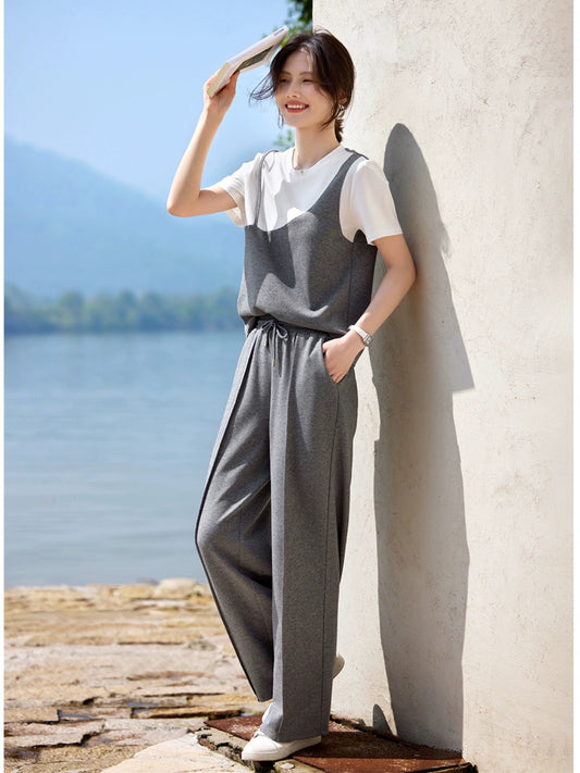 XWI/Xinwei fashion casual style suit for women summer new suspender design short-sleeved T-shirt straight pants two-piece set