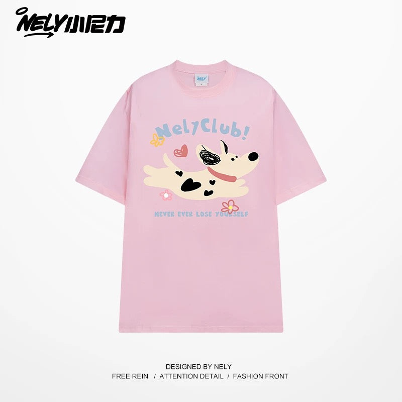 NELY Little Nelly 2025 summer new spotted dog print short-sleeved T-shirt for men and women heavyweight T-shirt loose half-sleeve