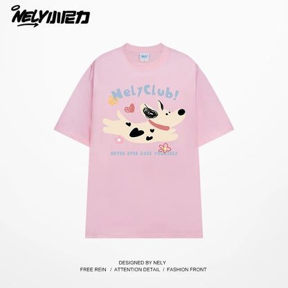 NELY Little Nelly 2025 summer new spotted dog print short-sleeved T-shirt for men and women heavyweight T-shirt loose half-sleeve