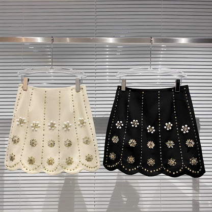 Popular online style, 2025 Autumn New Arrival Handmade 3D Rhinestone Flower Beaded Gradient A-line Skirt, Bodycon Skirt