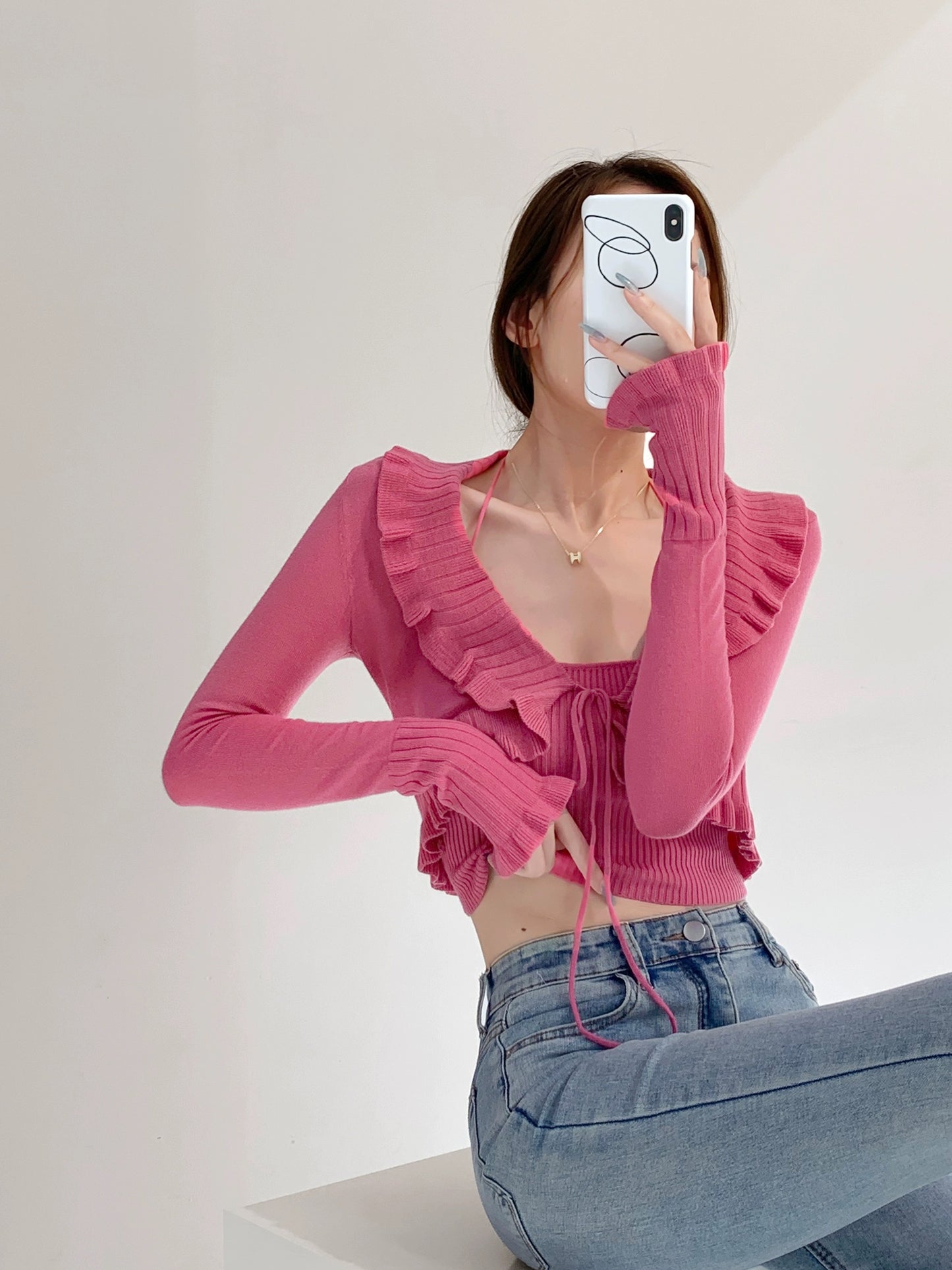 Pure lust-style V-neck lace-up fungus lace sweater, feminine slimming short camisole two-piece set