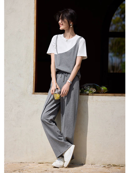 XWI/Xinwei fashion casual style suit for women summer new suspender design short-sleeved T-shirt straight pants two-piece set