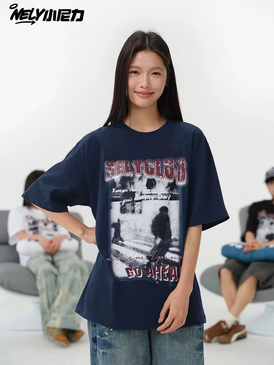 NELY American street abstract print cotton short-sleeved T-shirt for men and women summer couples all-match loose T-shirt