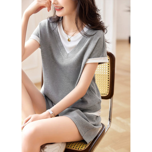 XWI/Xinwei casual suit women's 2024 summer new loose and comfortable fake two-piece T-shirt shorts two-piece set
