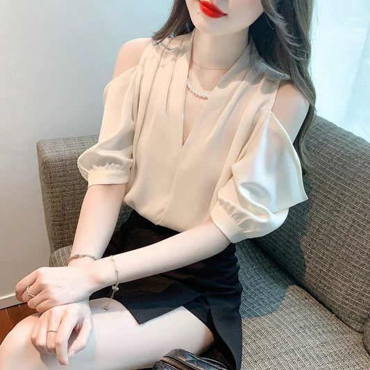 Off-shoulder short-sleeved chiffon shirt 2024 new style women's summer chic and beautiful shirt to cover the belly, design and temperament top