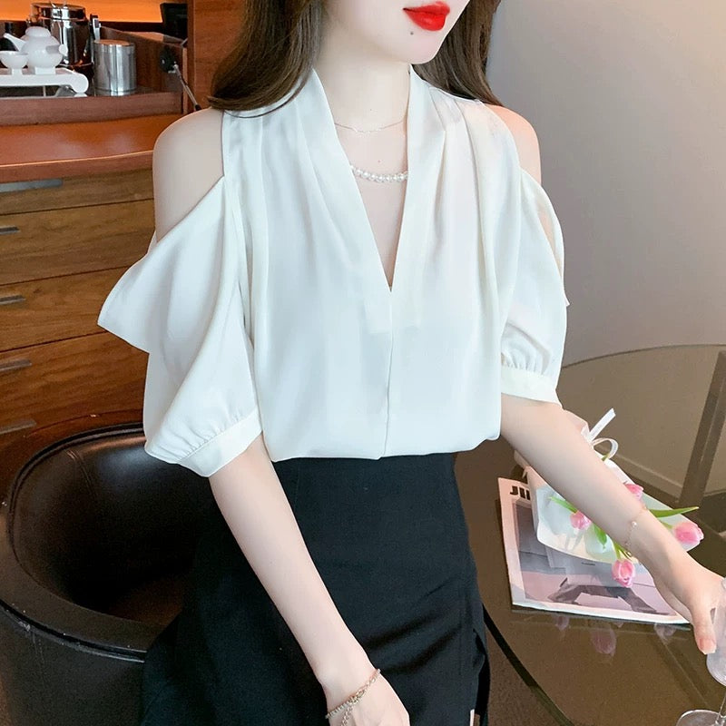 Off-shoulder short-sleeved chiffon shirt 2024 new style women's summer chic and beautiful shirt to cover the belly, design and temperament top