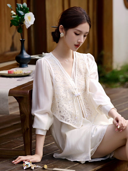 XWI/Xinwei New Chinese Style National Style Suit Women's Summer Loose Slim Fake Two-piece Vest Top Shorts Two-piece Set