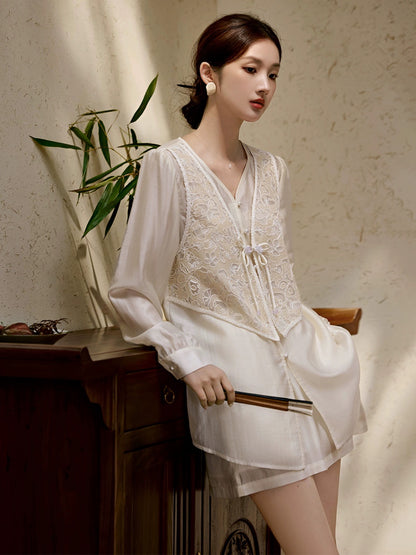 XWI/Xinwei New Chinese Style National Style Suit Women's Summer Loose Slim Fake Two-piece Vest Top Shorts Two-piece Set