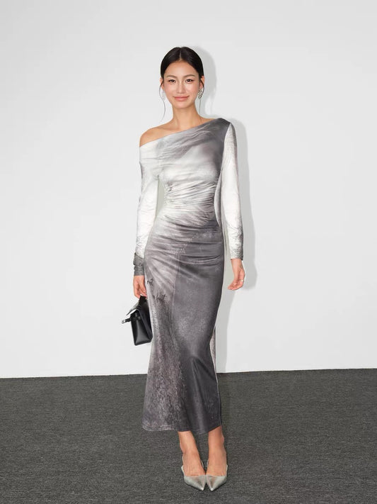 NEVA HU one-shoulder tie-dye slim dress for women in autumn new style waist bag hip skirt temperament bottoming long skirt