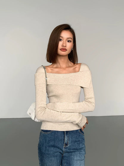 ousph black square lapel gentle style long-sleeved bottoming sweater for women autumn and winter new style waist slim gray top