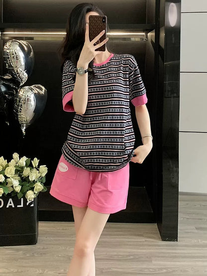 Western style fashion sports suit women's summer 2025 casual sports striped short-sleeved shorts two-piece suit loose trendy running