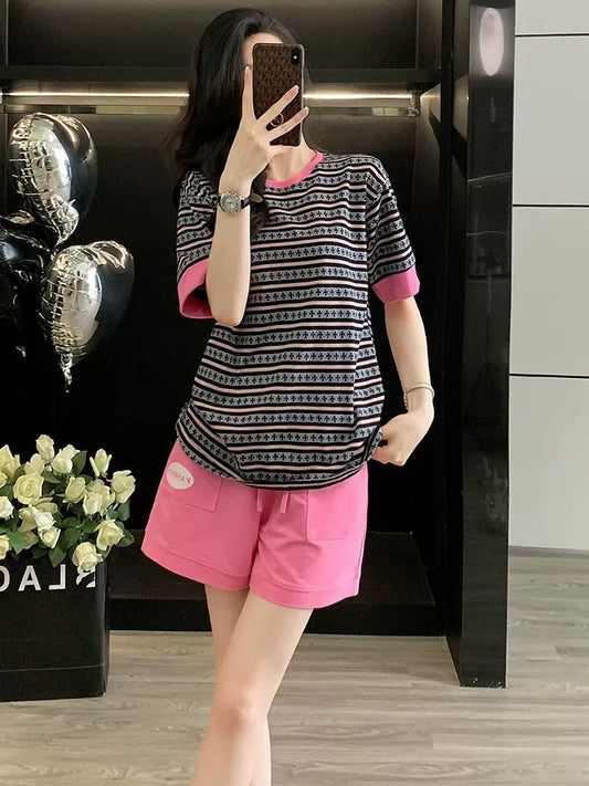 Western style fashion sports suit women's summer 2025 casual sports striped short-sleeved shorts two-piece suit loose trendy running