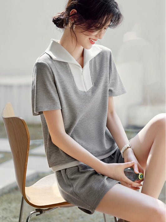 XWI/Xinwei contrasting color stitching design fashion suit women's summer POLO collar short-sleeved top and shorts two-piece set