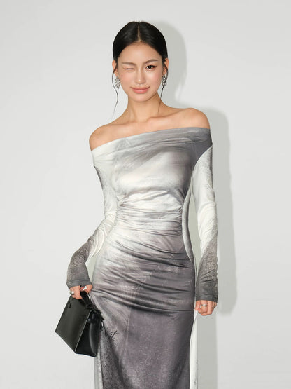 NEVA HU one-shoulder tie-dye slim dress for women in autumn new style waist bag hip skirt temperament bottoming long skirt