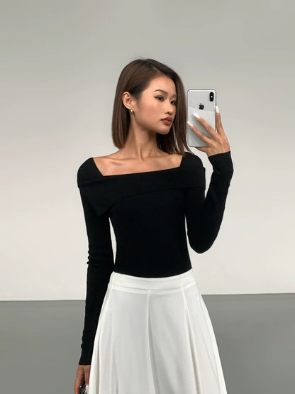 ousph black square lapel gentle style long-sleeved bottoming sweater for women autumn and winter new style waist slim gray top