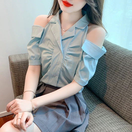 Short-sleeved shirt for women 2024 new summer hot style chic and beautiful shirt temperament short off-shoulder design top