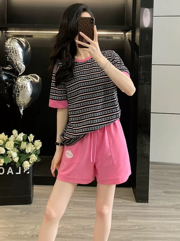 Western style fashion sports suit women's summer 2025 casual sports striped short-sleeved shorts two-piece suit loose trendy running