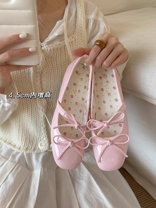 61oniiii" Special Peach Pink Mary Jane Shoes with 4.5cm Hidden Wedge Heel and French Bow Strap