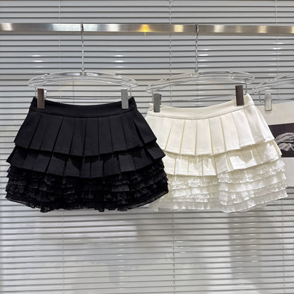 Popular online style, 2025 autumn new sweet and innocent style pleated lace-lined tiered skirt, cake skirt, midi skirt