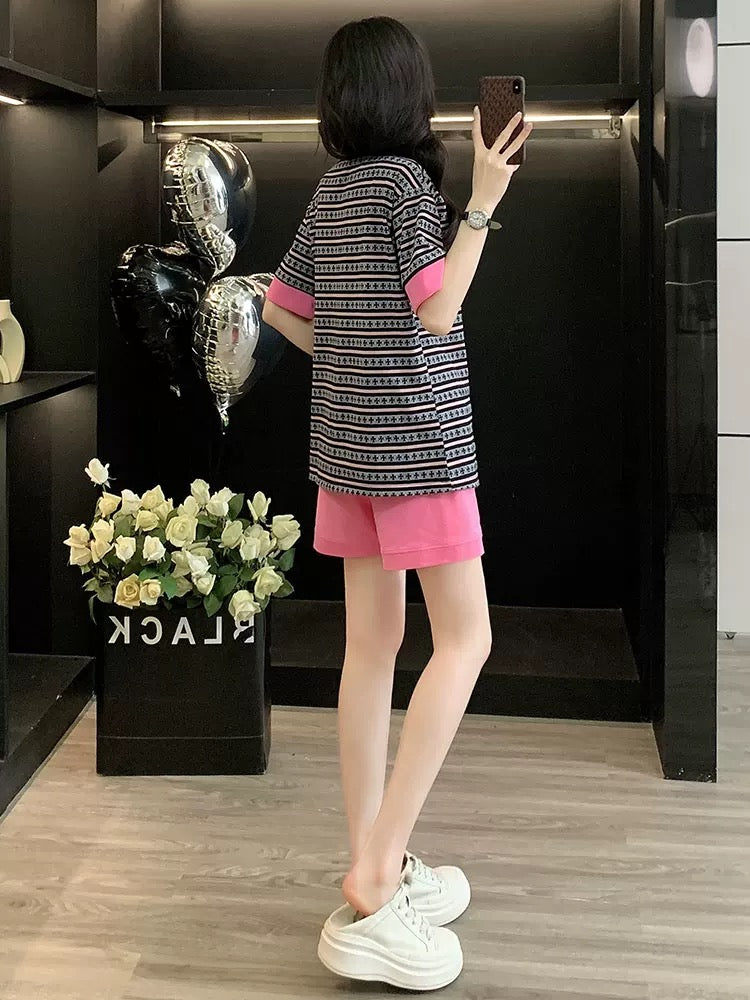 Western style fashion sports suit women's summer 2025 casual sports striped short-sleeved shorts two-piece suit loose trendy running