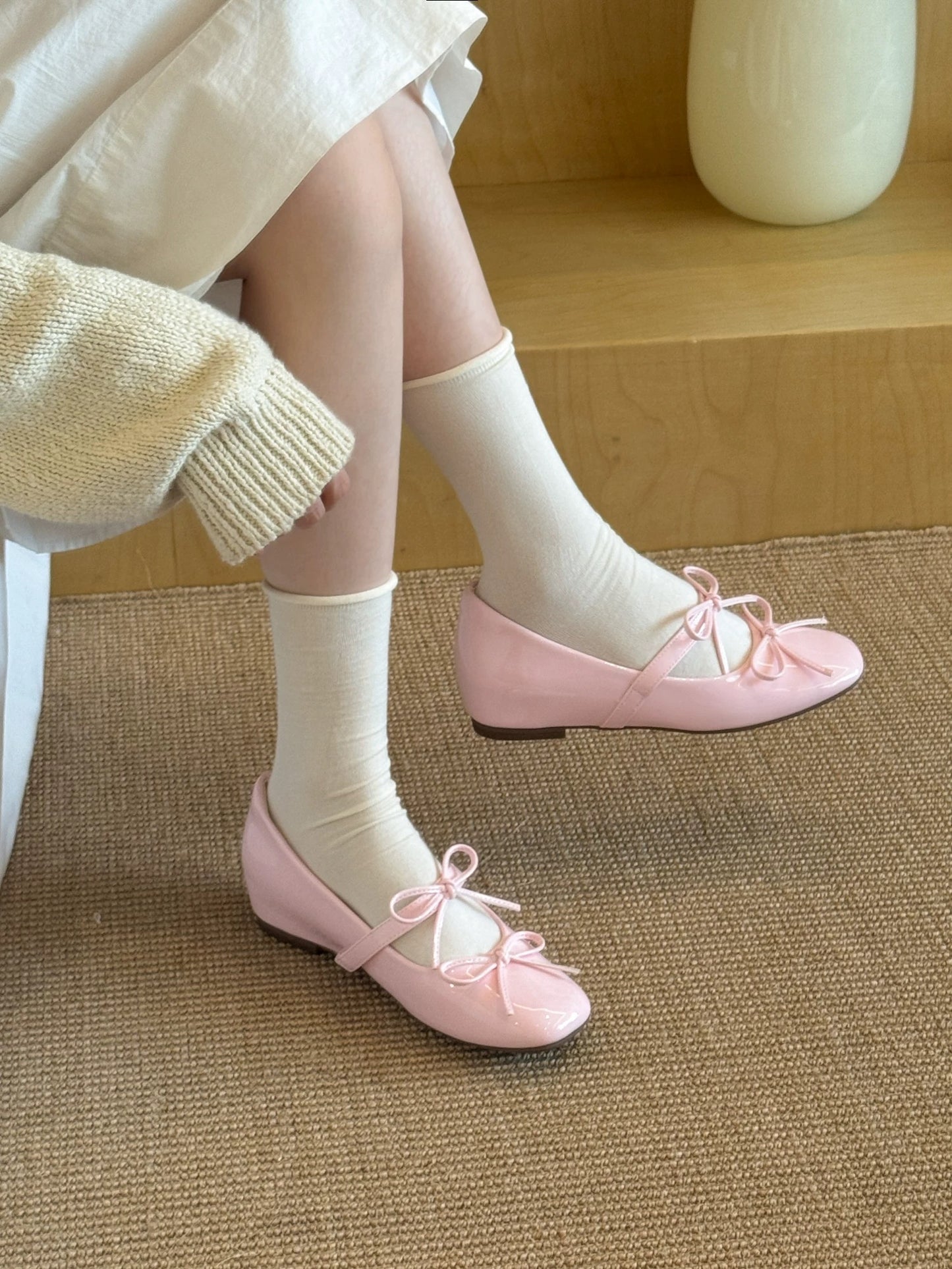61oniiii" Special Peach Pink Mary Jane Shoes with 4.5cm Hidden Wedge Heel and French Bow Strap