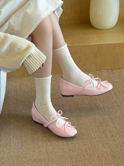 61oniiii" Special Peach Pink Mary Jane Shoes with 4.5cm Hidden Wedge Heel and French Bow Strap