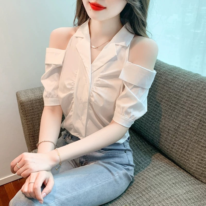 Short-sleeved shirt for women 2024 new summer hot style chic and beautiful shirt temperament short off-shoulder design top