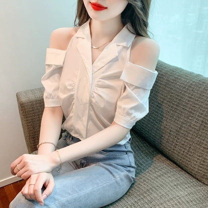 Short-sleeved shirt for women 2024 new summer hot style chic and beautiful shirt temperament short off-shoulder design top
