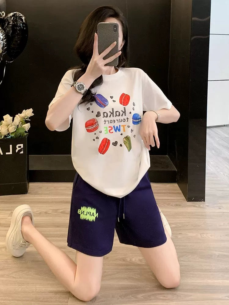 Student trend casual printed short-sleeved suit women's summer 2025 loose sports shorts two-piece suit fashionable age-reducing slimming
