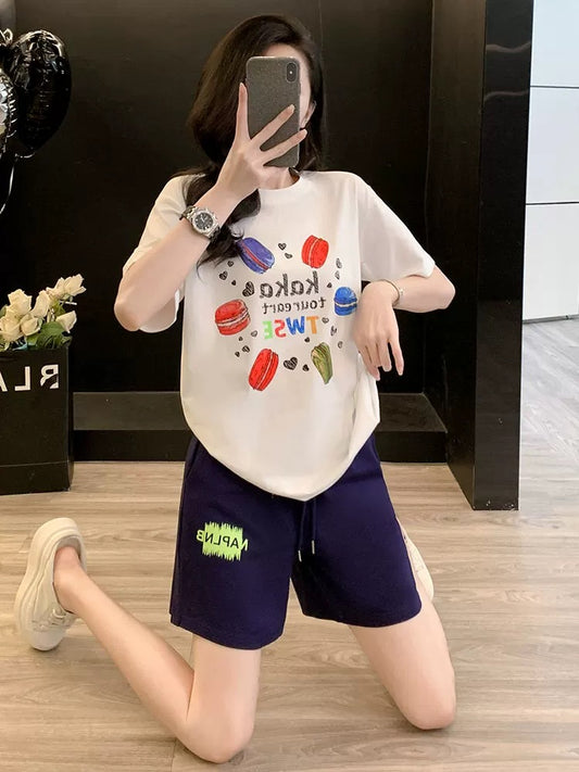 Student trend casual printed short-sleeved suit women's summer 2025 loose sports shorts two-piece suit fashionable age-reducing slimming