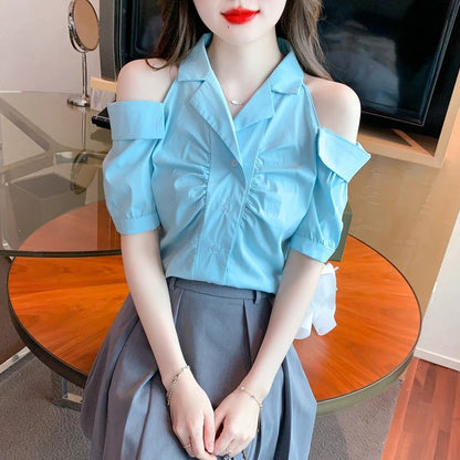 Short-sleeved shirt for women 2024 new summer hot style chic and beautiful shirt temperament short off-shoulder design top