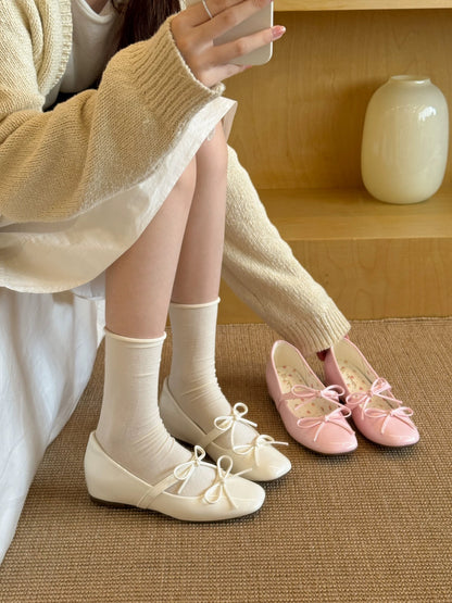 61oniiii" Special Peach Pink Mary Jane Shoes with 4.5cm Hidden Wedge Heel and French Bow Strap